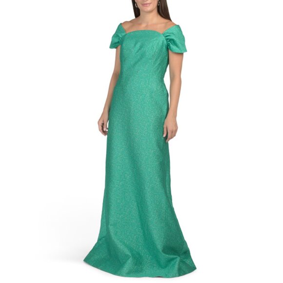 TERI JON Sage Jacquard Scalloped Neck Full Skirt Dress With Metallic Details - Picture 1 of 2